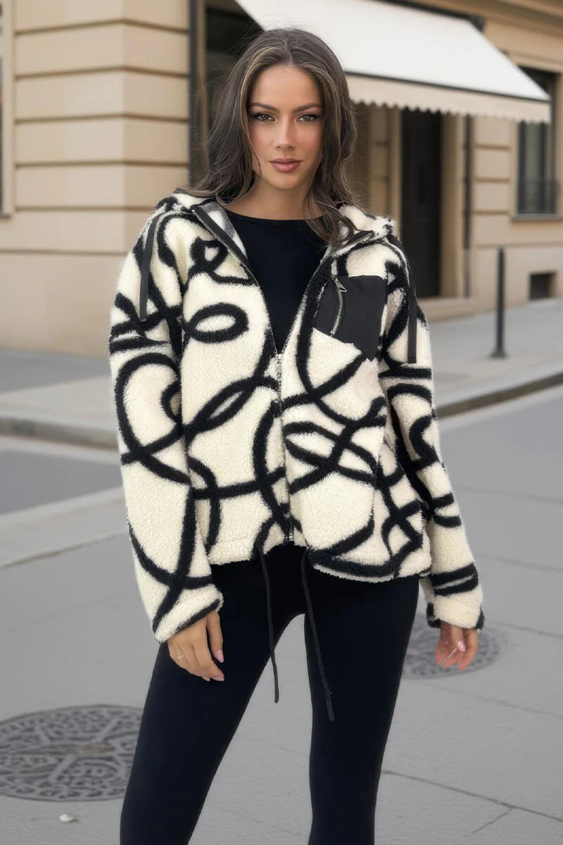 Cream And Black Swirl Pocket Detail Hooded Teddy Jacket - Swimclubus