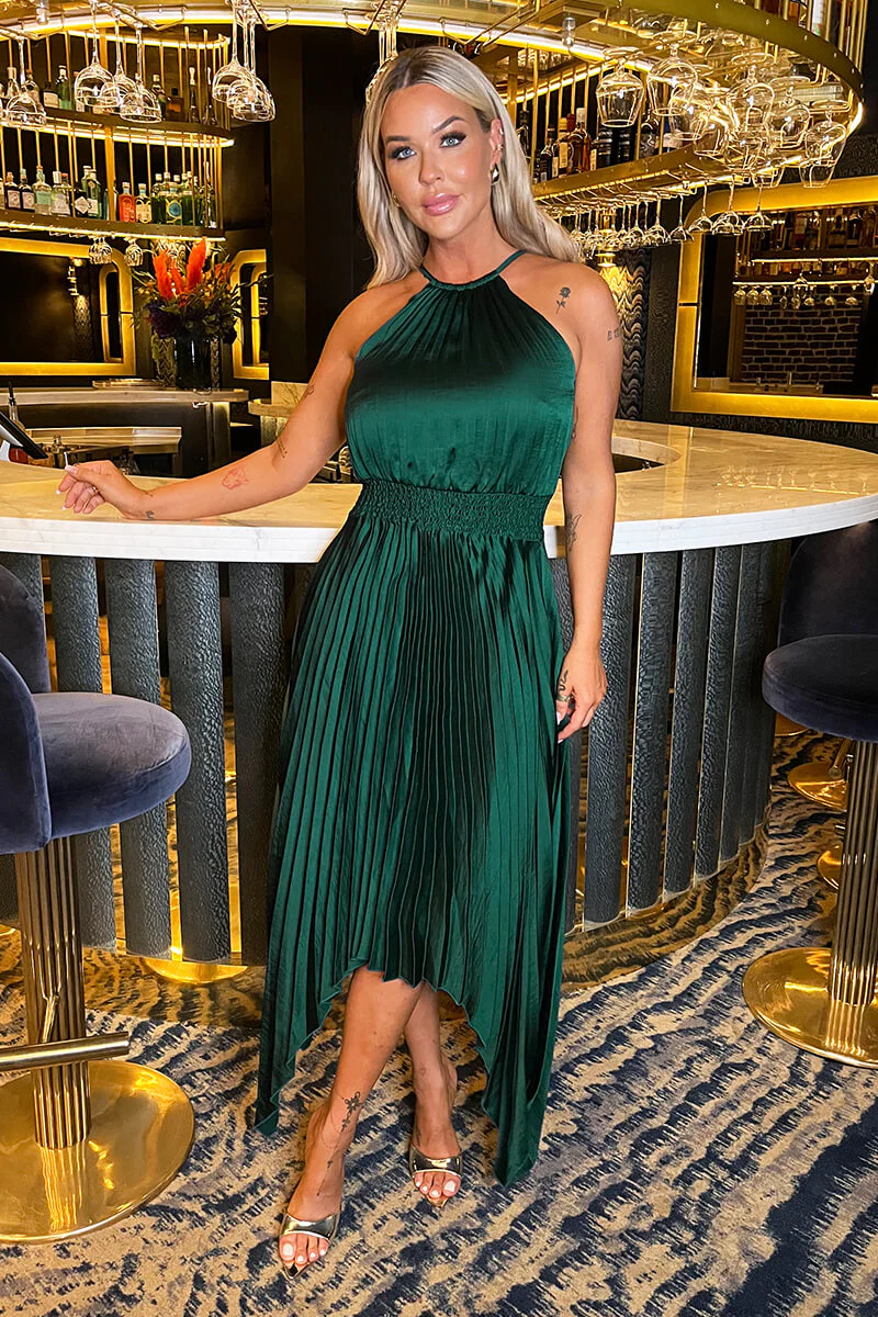 Teal Halter Neck Zig Zag Hem Pleated Midi Dress - Swimclubus