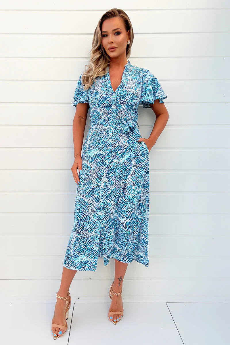Blue Printed Short Sleeve Belted Button Up Shirt Dress - Swimclubus