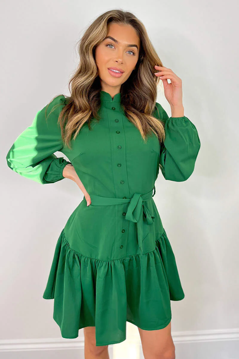 Green High Neck Button Frill Hem Dress - Swimclubus