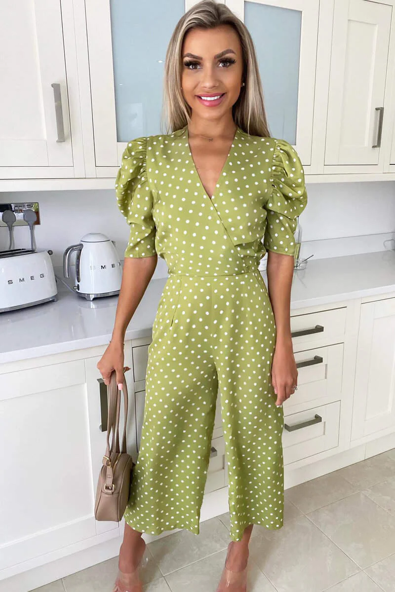 Olive Polka Dot Puff Sleeve Jumpsuit - Swimclubus
