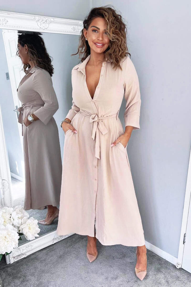 Nude Button Up Midi Shirt Dress - Swimclubus