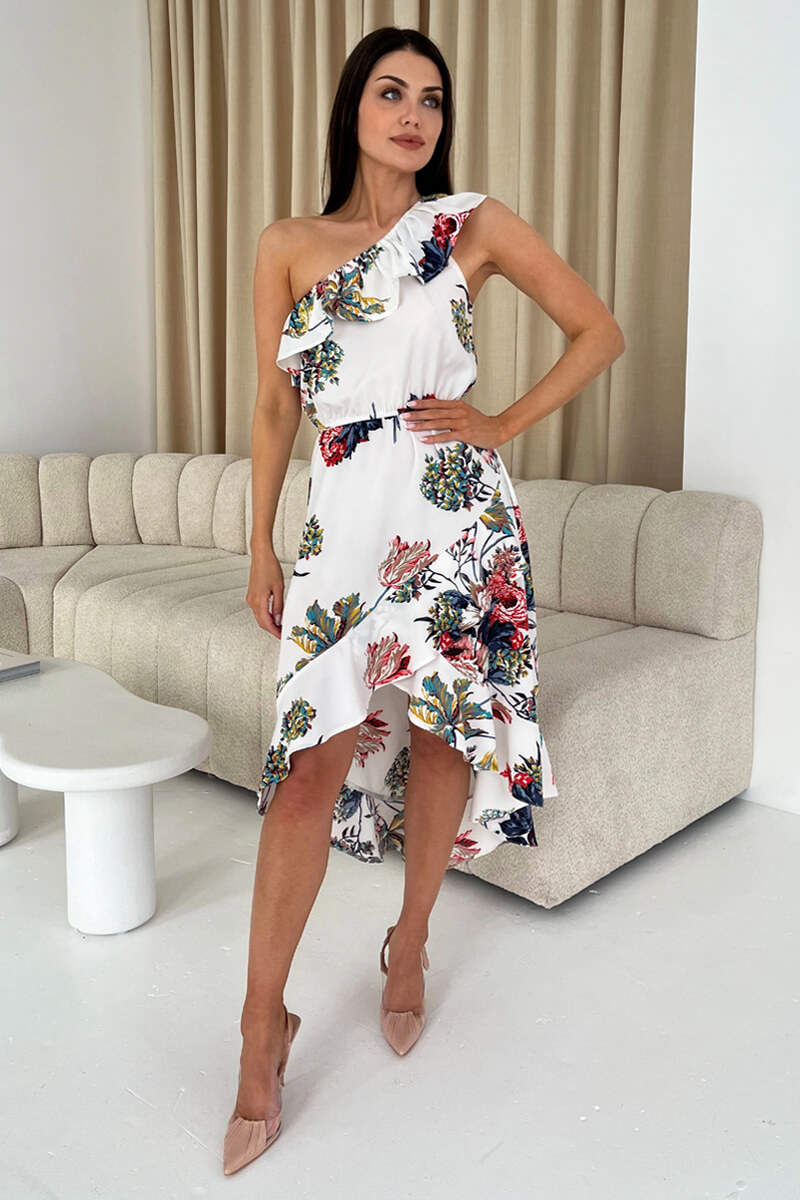 Cream Floral One Shoulder Frill Detail Dipped Hem Dress - Swimclubus