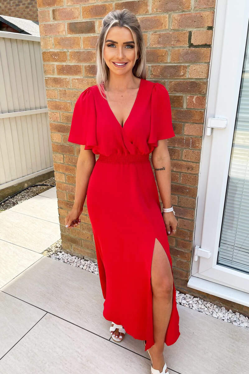 Red Gathered Waist Midi Dress - Swimclubus