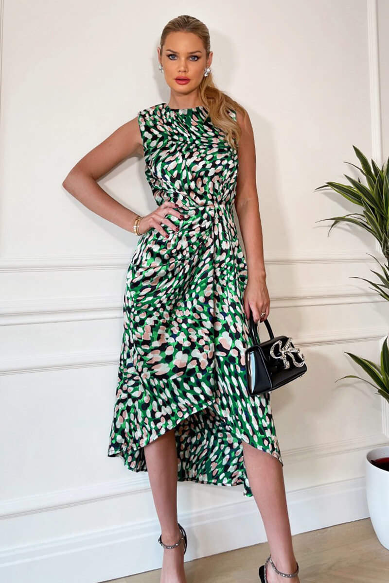Green Printed Gathered Waist Midi Dress With Padded Shoulders - Swimclubus