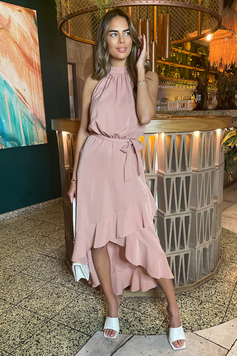 Blush Halterneck Dipped Hem Midi Dress - Swimclubus