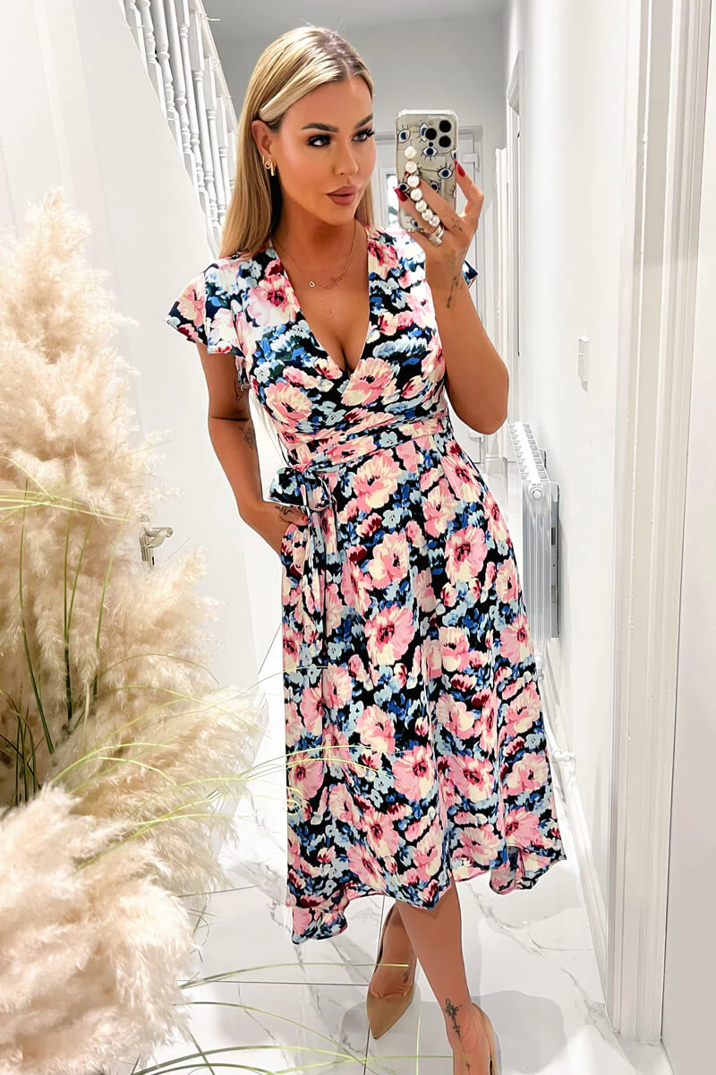 Pink Floral Print Short Sleeve Belted Wrap Midi Dress - Swimclubus