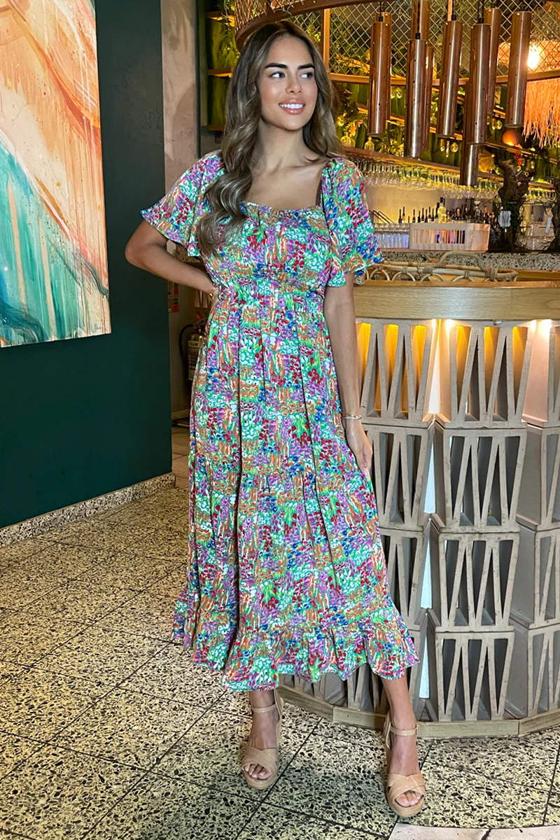 Multi Garden Print Frill Hem Midi Dress - Swimclubus