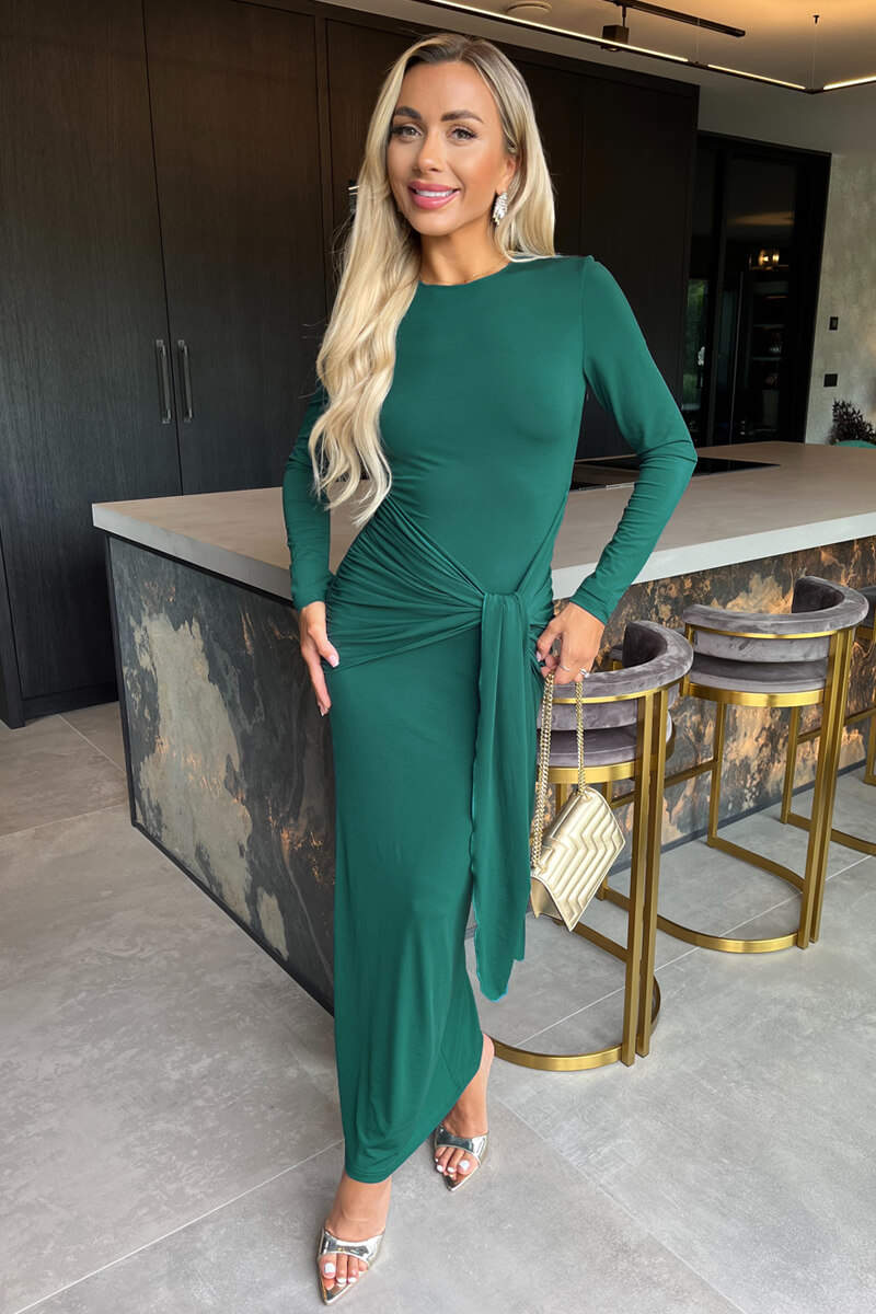 Teal Long Sleeve Sash Bodycon Midi Dress - Swimclubus