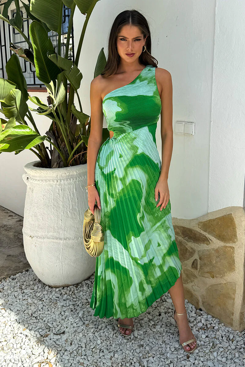 Green Tie Dye Print One Shoulder Cut Out Pleated Midi Dress - Swimclubus