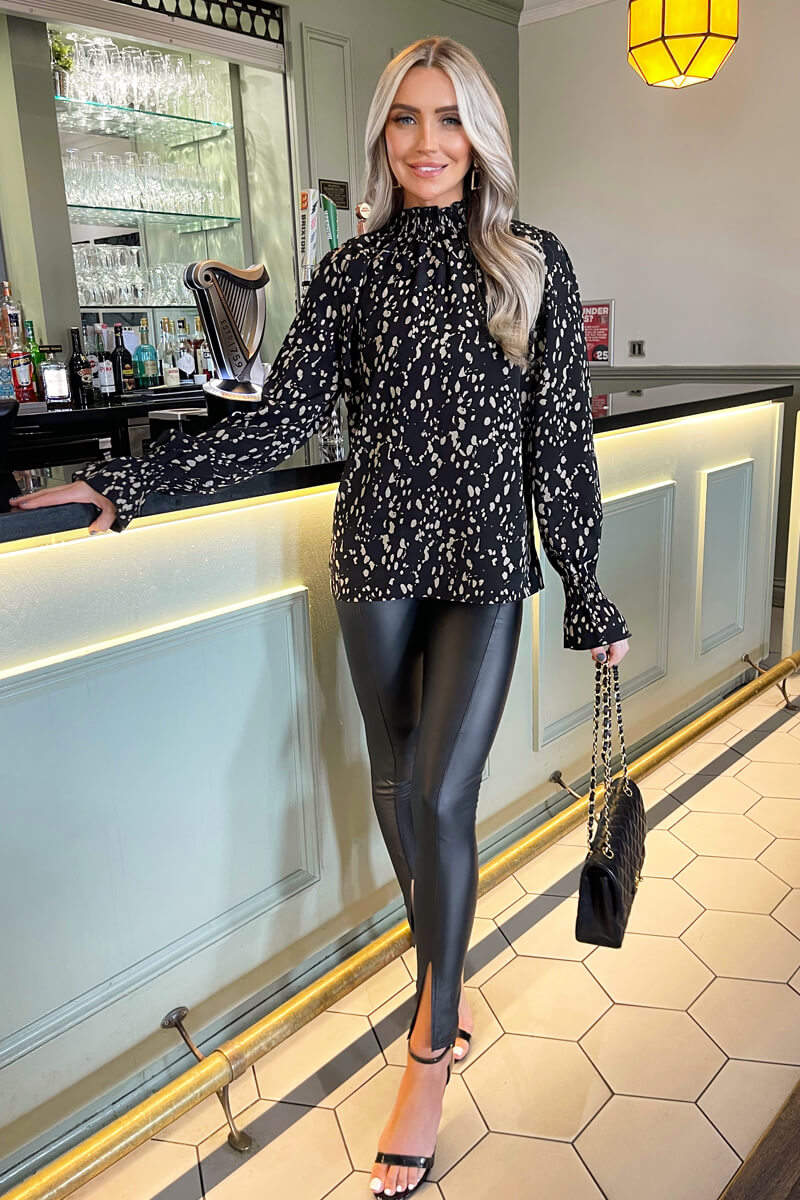 Black and Stone Animal Print High Neck Blouse - Swimclubus
