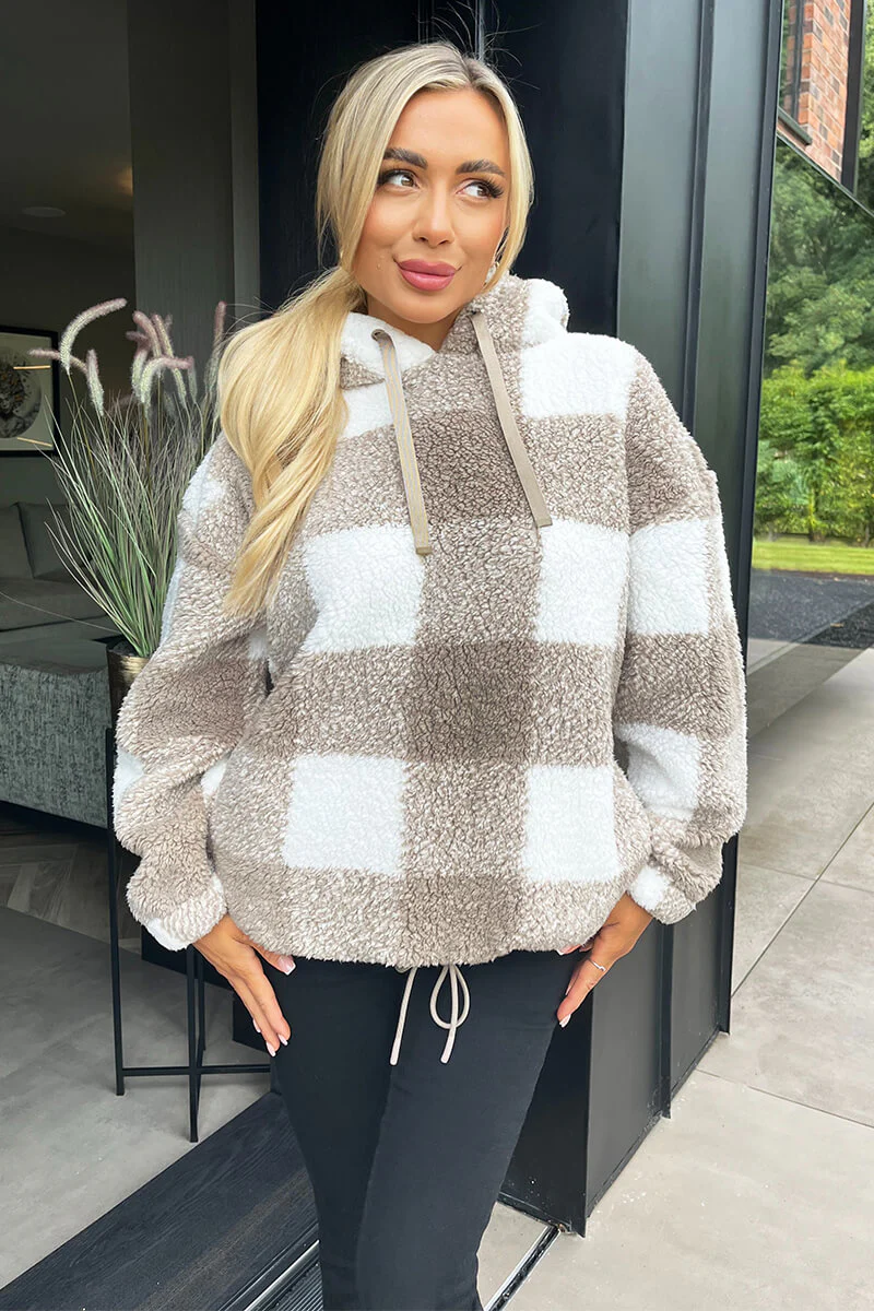Biscuit Check Drawstring Teddy Hoodie - Swimclubus