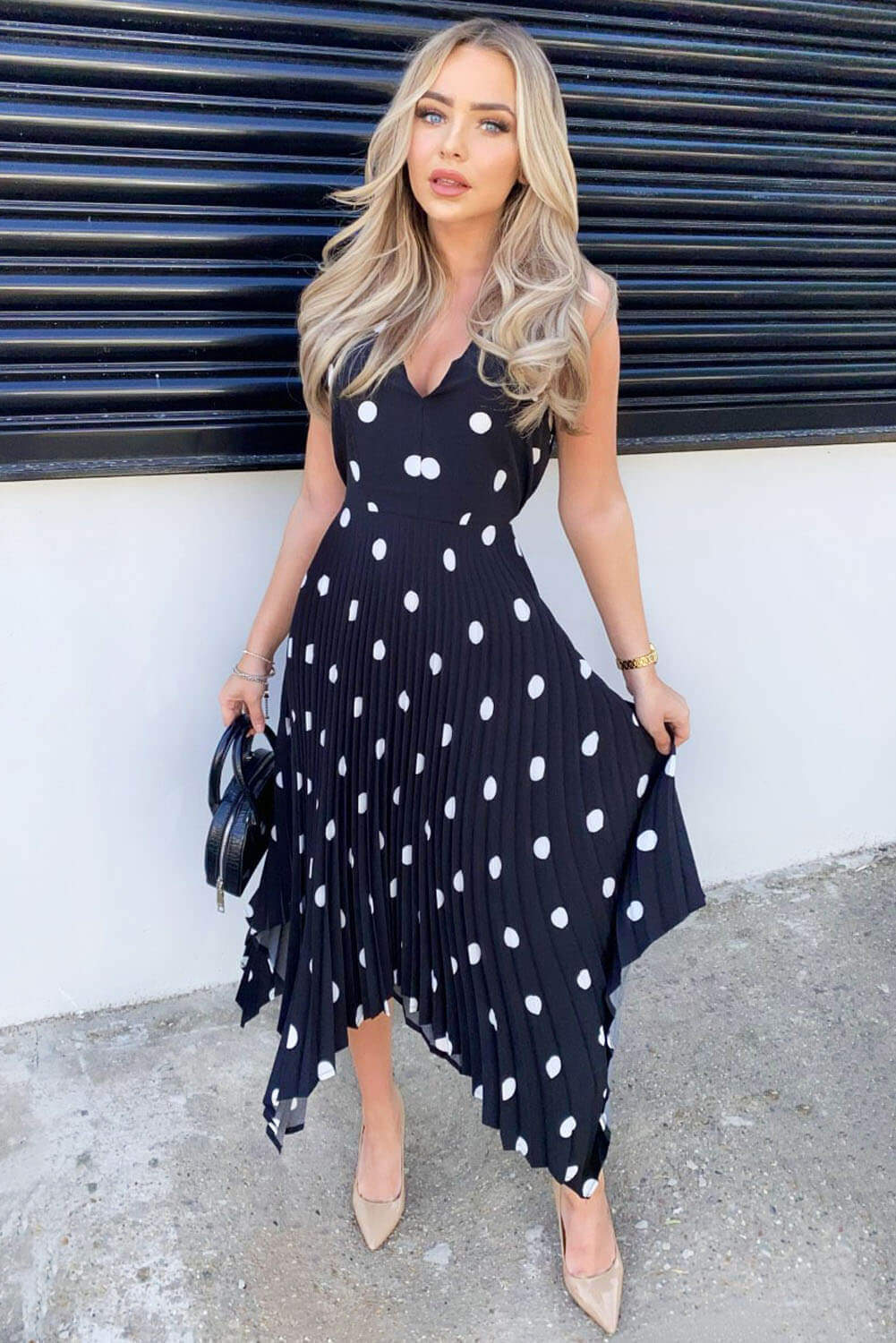 Black Polka Dot Sleeveless Pleated Dress - Swimclubus