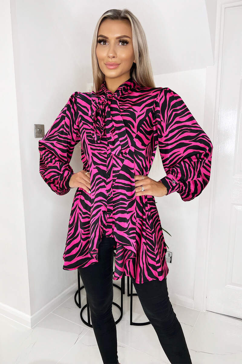 Pink Zebra Print Tie Neck Shirt - Swimclubus