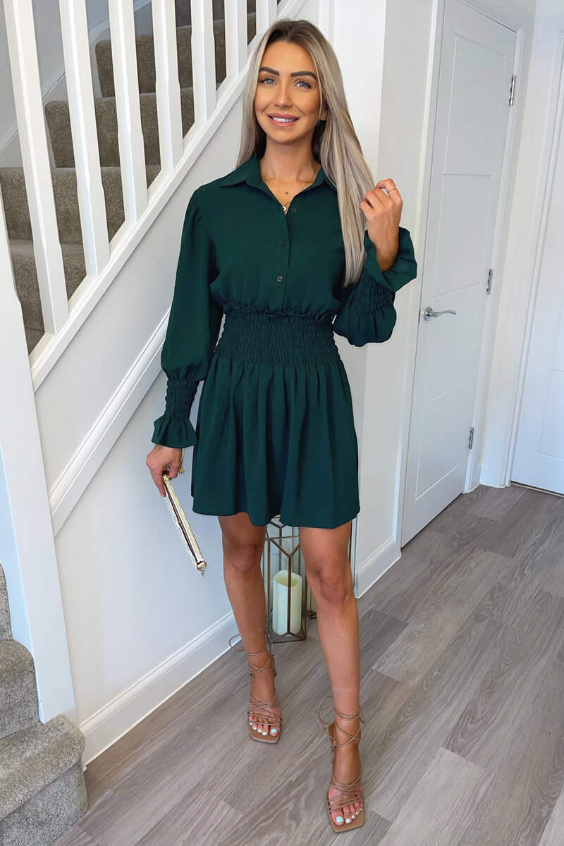 Teal Shirred Waist Long Sleeve Shirt Dress - Swimclubus