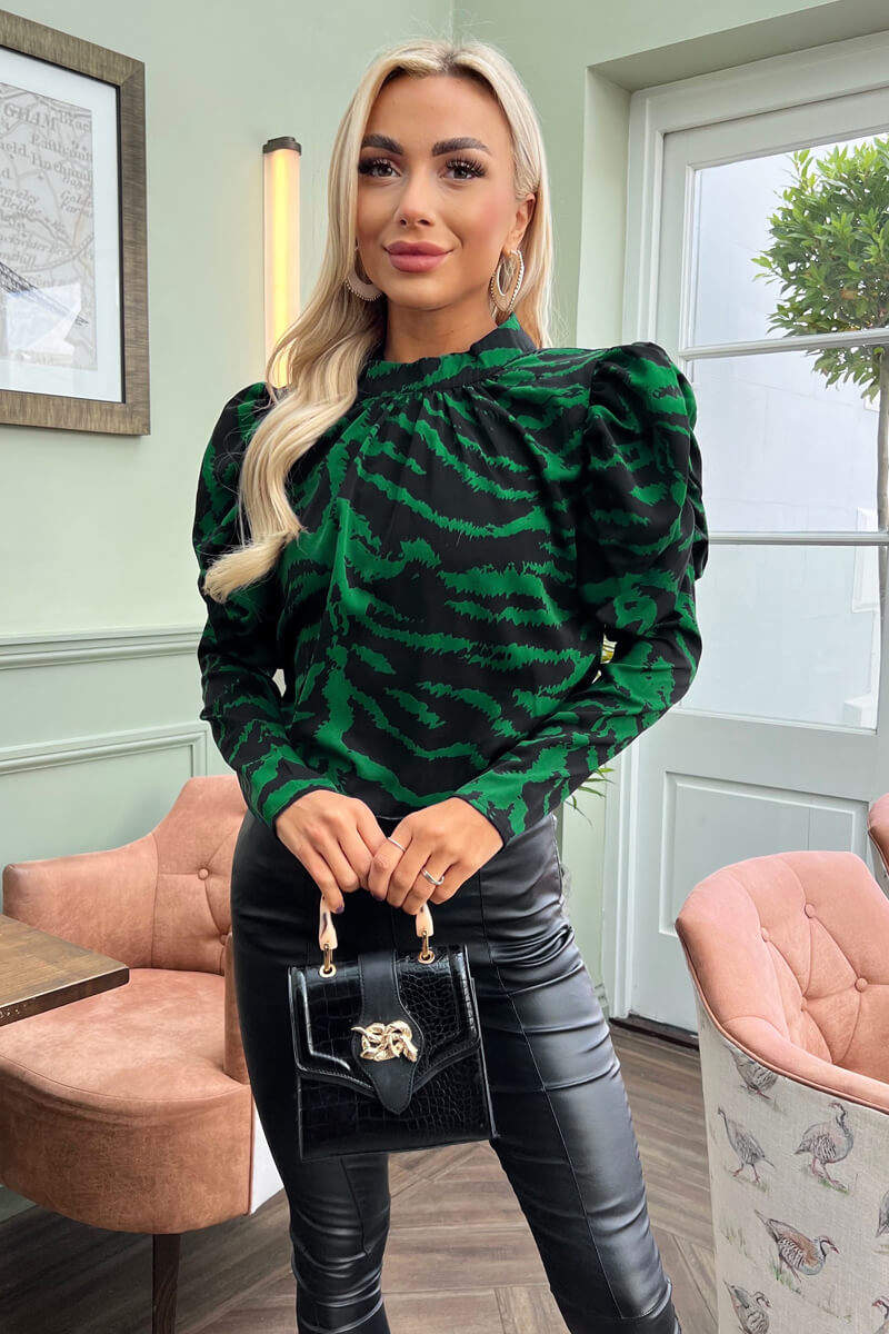 Green Printed High Neck Long Puff Sleeve Top - Swimclubus