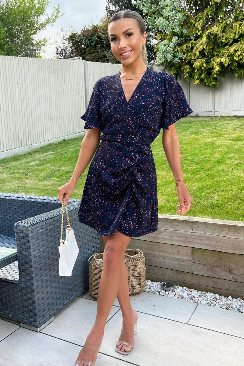 Navy And Pink Printed Short Sleeve Gathered Mini Dress - Swimclubus