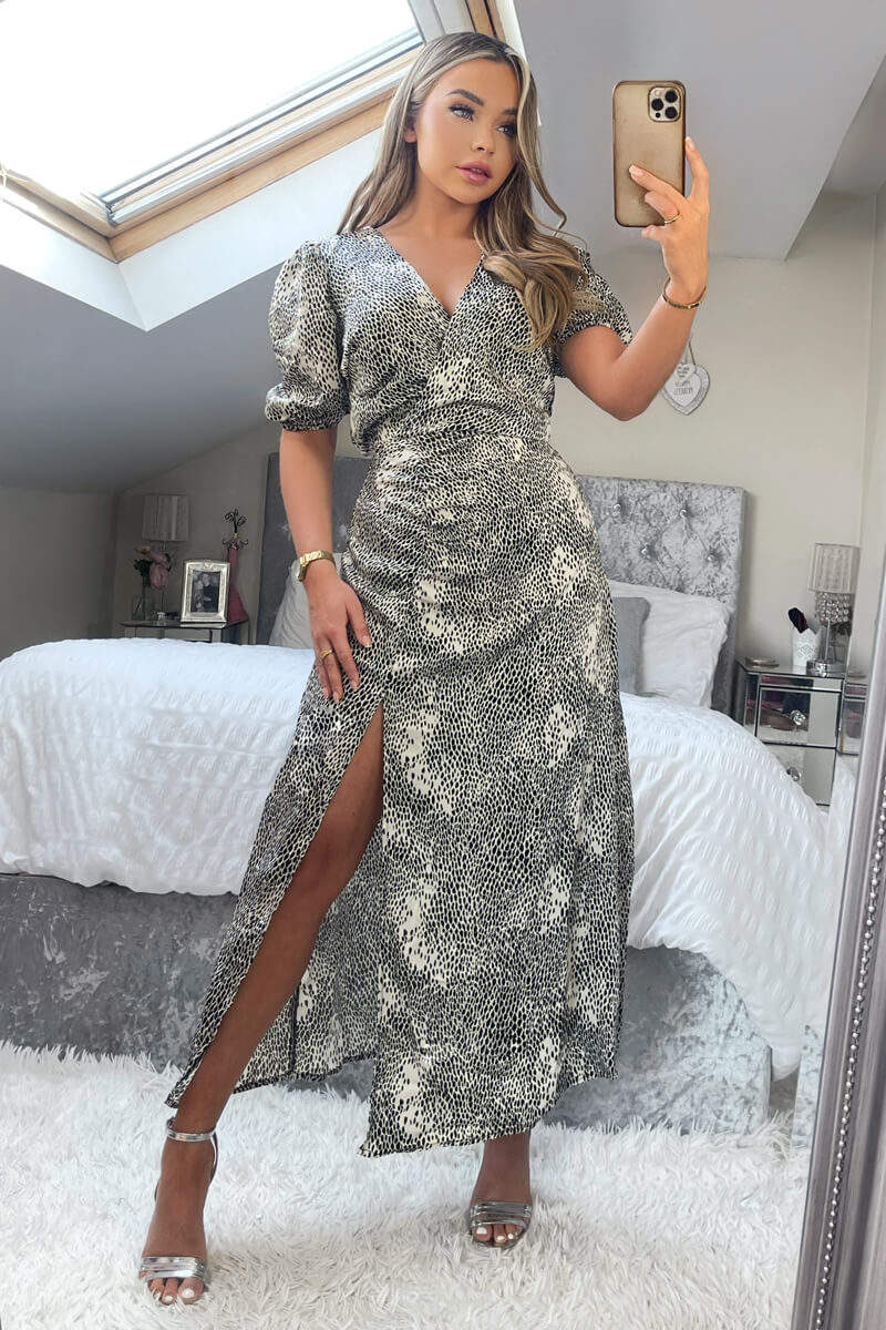 Black And Stone Printed Ruched Side Midi Dress - Swimclubus