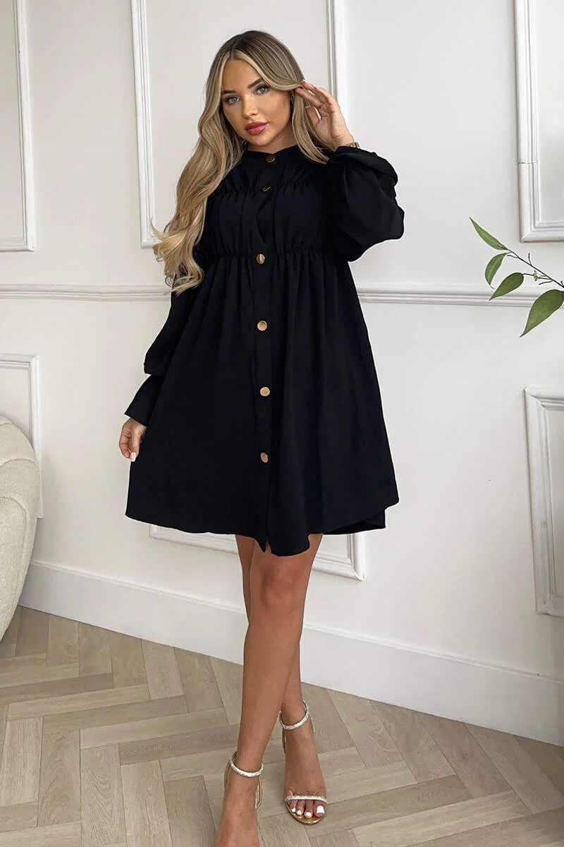 Black Long Sleeve Gathered Detail Button Front Dress - Swimclubus