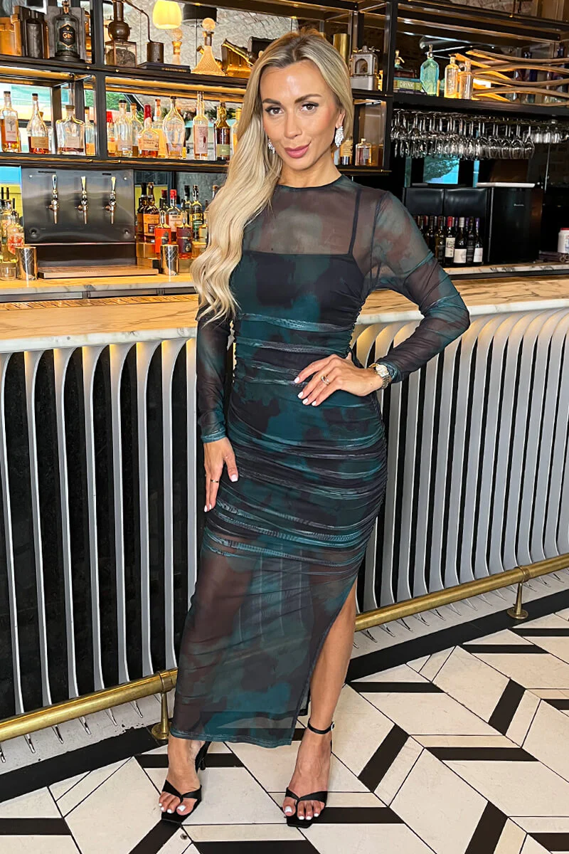 Teal And Black Smudge Print Mesh Overlay Long Sleeve Midi Dress - Swimclubus