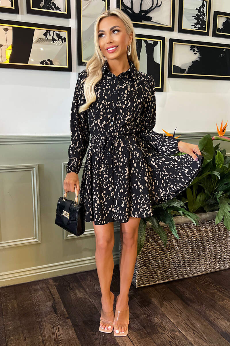 Black and Beige Printed Mini Tie Waist Shirt Dress - Swimclubus