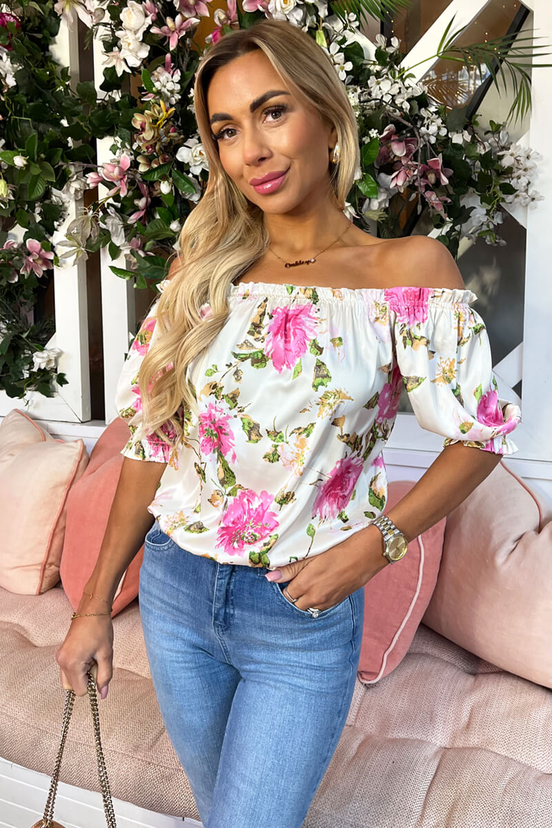 Cream Floral Print Elasticated Off The Shoulder Frill Detail Top - Swimclubus