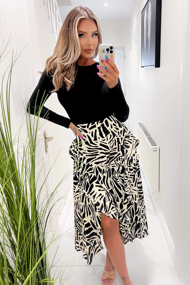 Black And Stone Long Sleeve Double Frill 2 In 1 Midi Dress - Swimclubus