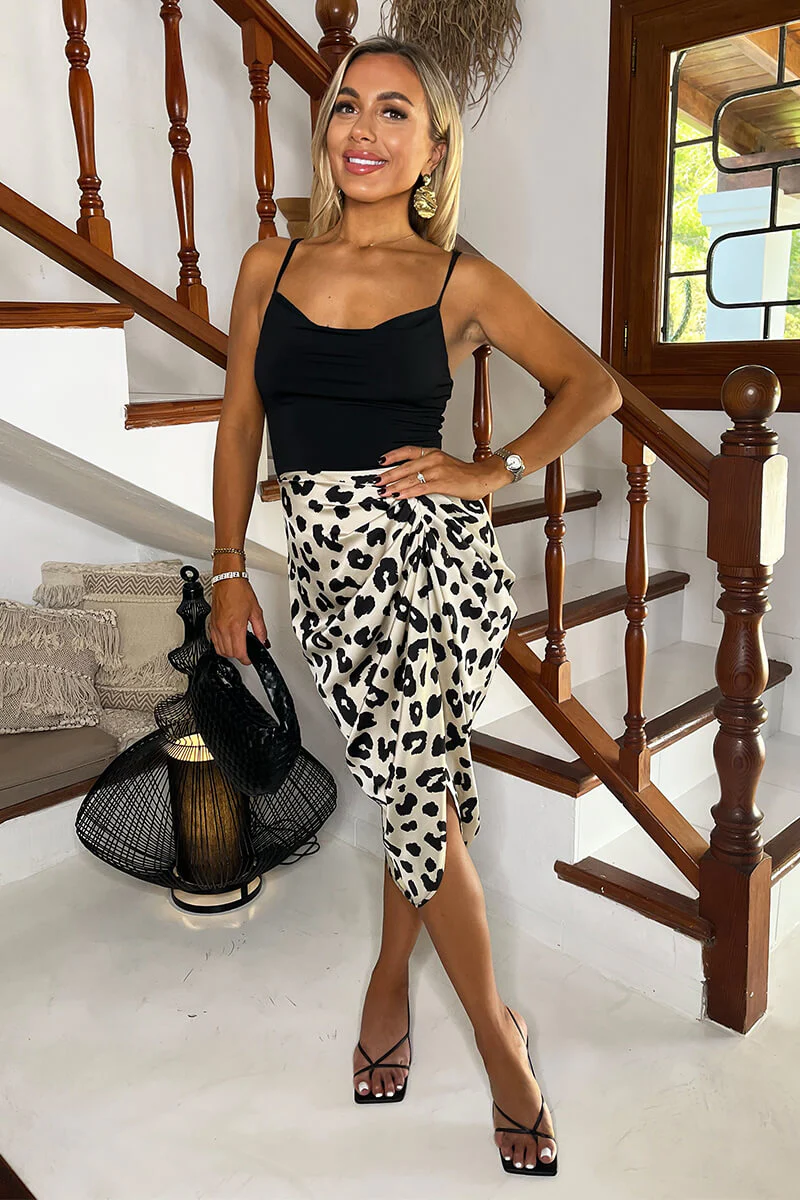 Black and Cream Leopard Print 2 In 1 Strappy Cowl Neck Gathered Midi Dress - Swimclubus