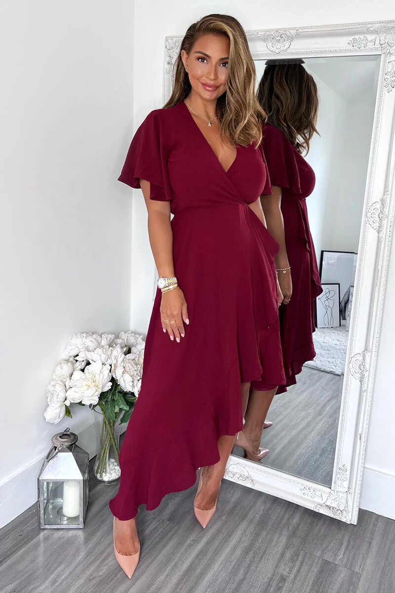 Plum Wrap Over Top Frill Hem Midi Dress - Swimclubus