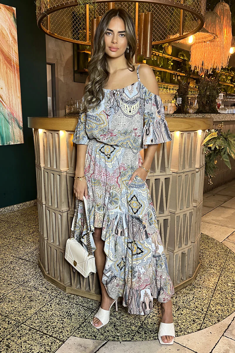Multi Paisley Printed Cold Shoulder Asymmetric Smock Midi Dress - Swimclubus