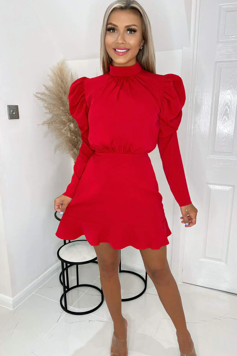 Red Puff Sleeve Skater Dress - Swimclubus