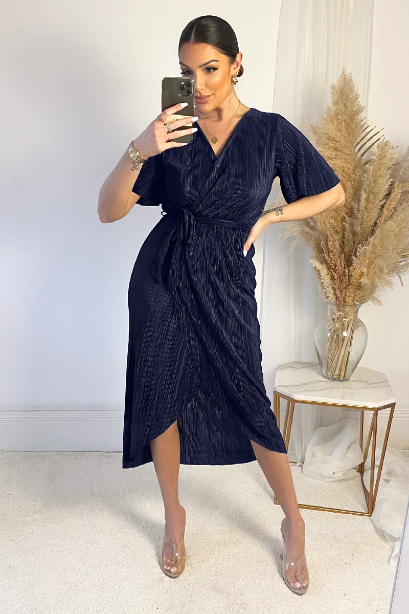 Navy Wrap Top Belted Short Sleeve Plisse Midi Dress - Swimclubus