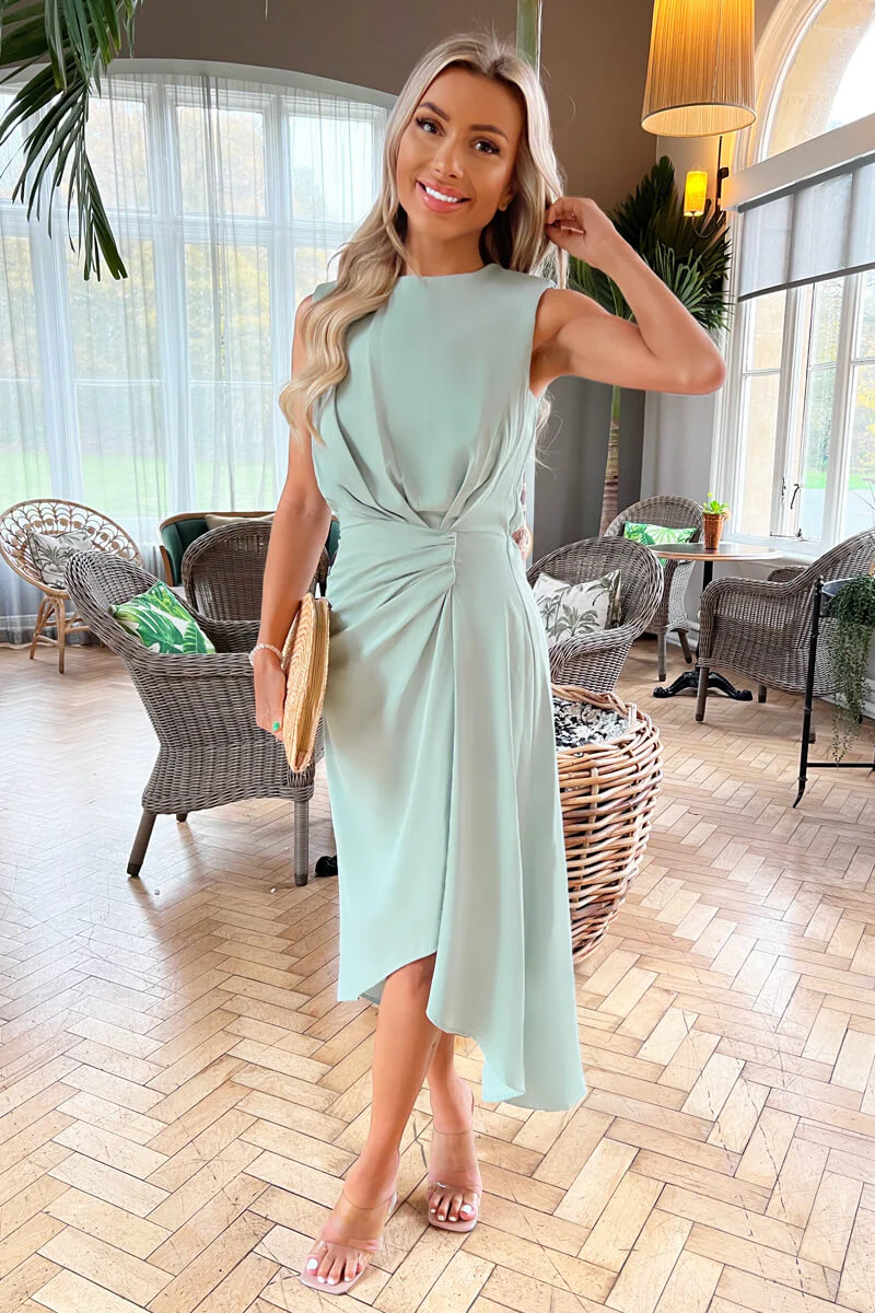 Duck Egg Gathered Midi Dress With Shoulder Pads - Swimclubus