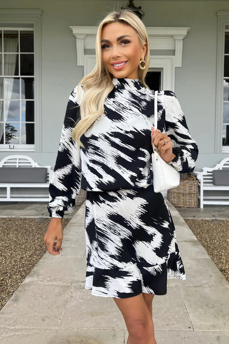 Black and White High Neck Long Sleeve Skater Dress - Swimclubus