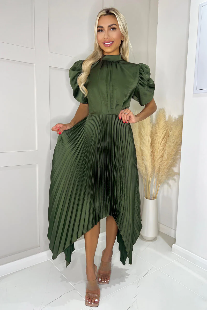 Olive High Neck Puff Sleeve Zig Zag Hem Pleated Midi Dress - Swimclubus