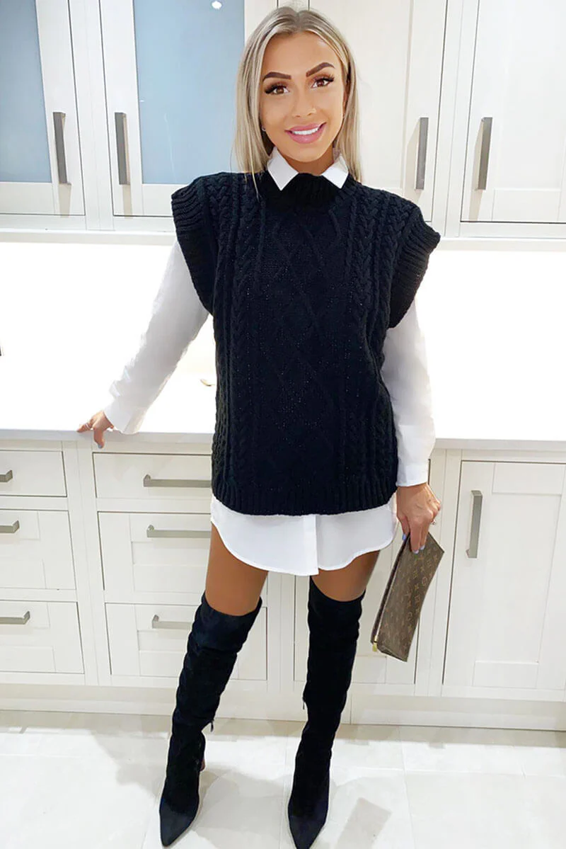 Black High Neck Cable Knit Tank Top - Swimclubus