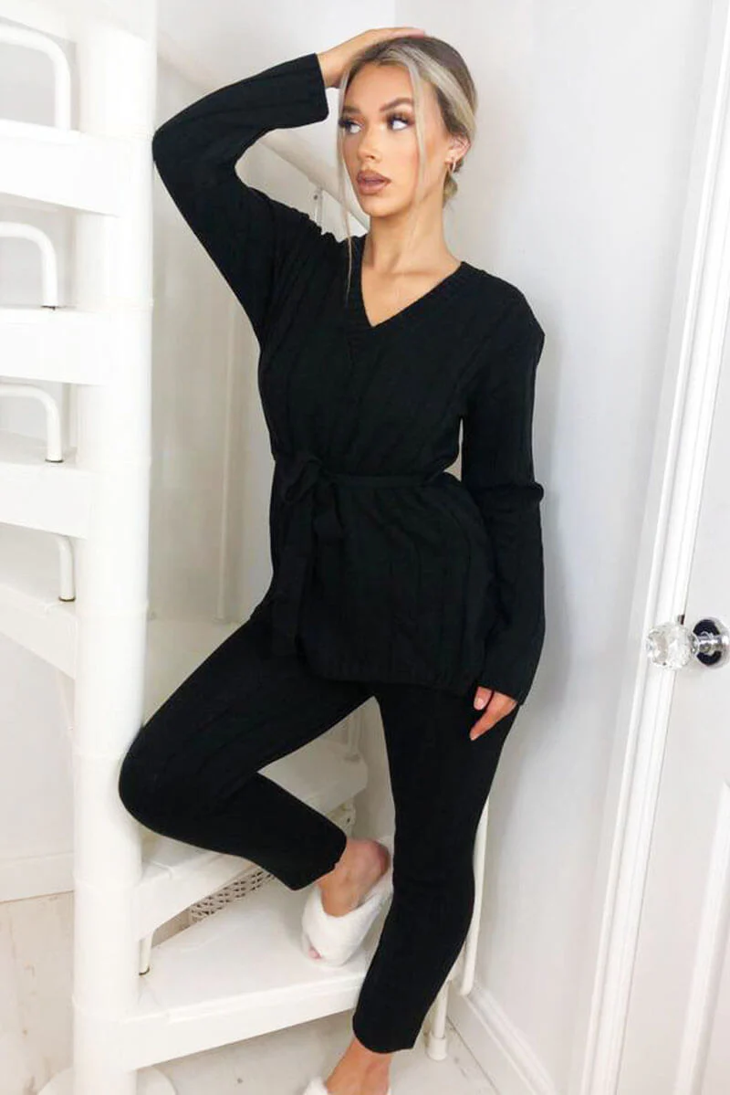 Black Chunky Knit Tie Waist Lounge Suit - Swimclubus