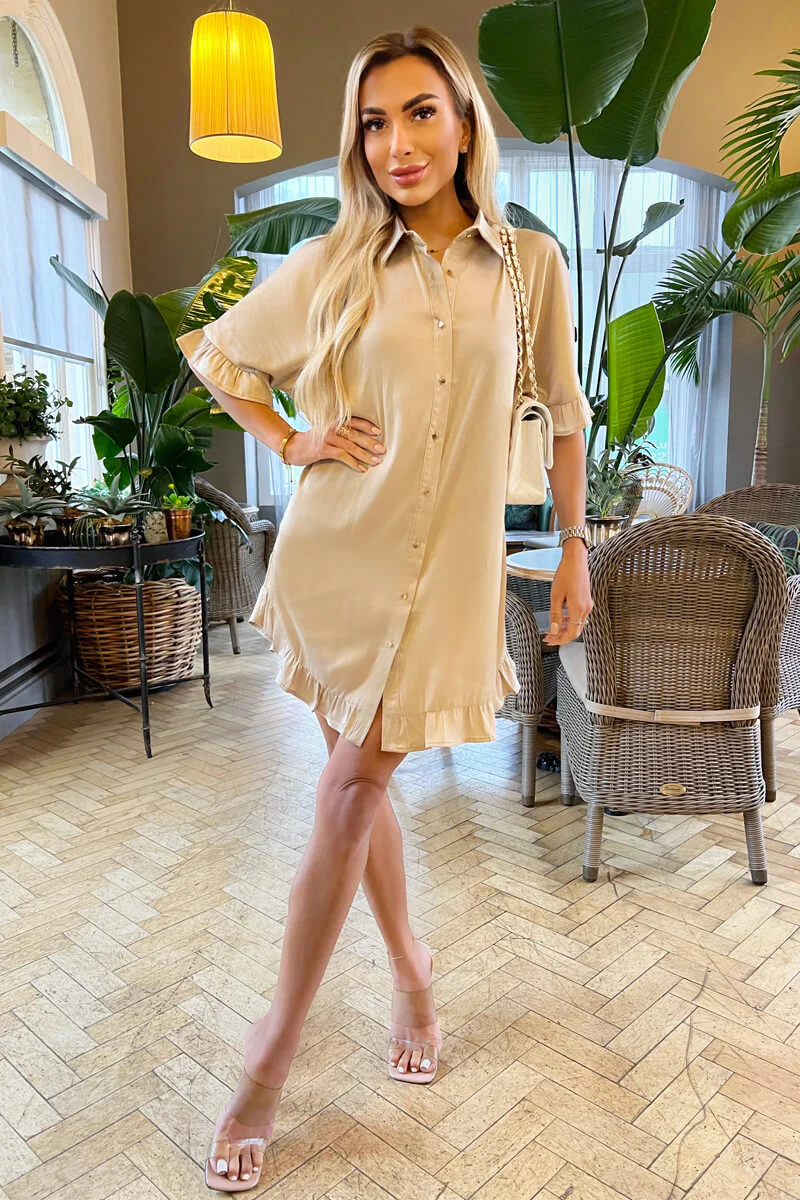 Stone Frill Detail Gold Button Front Shirt Dress - Swimclubus