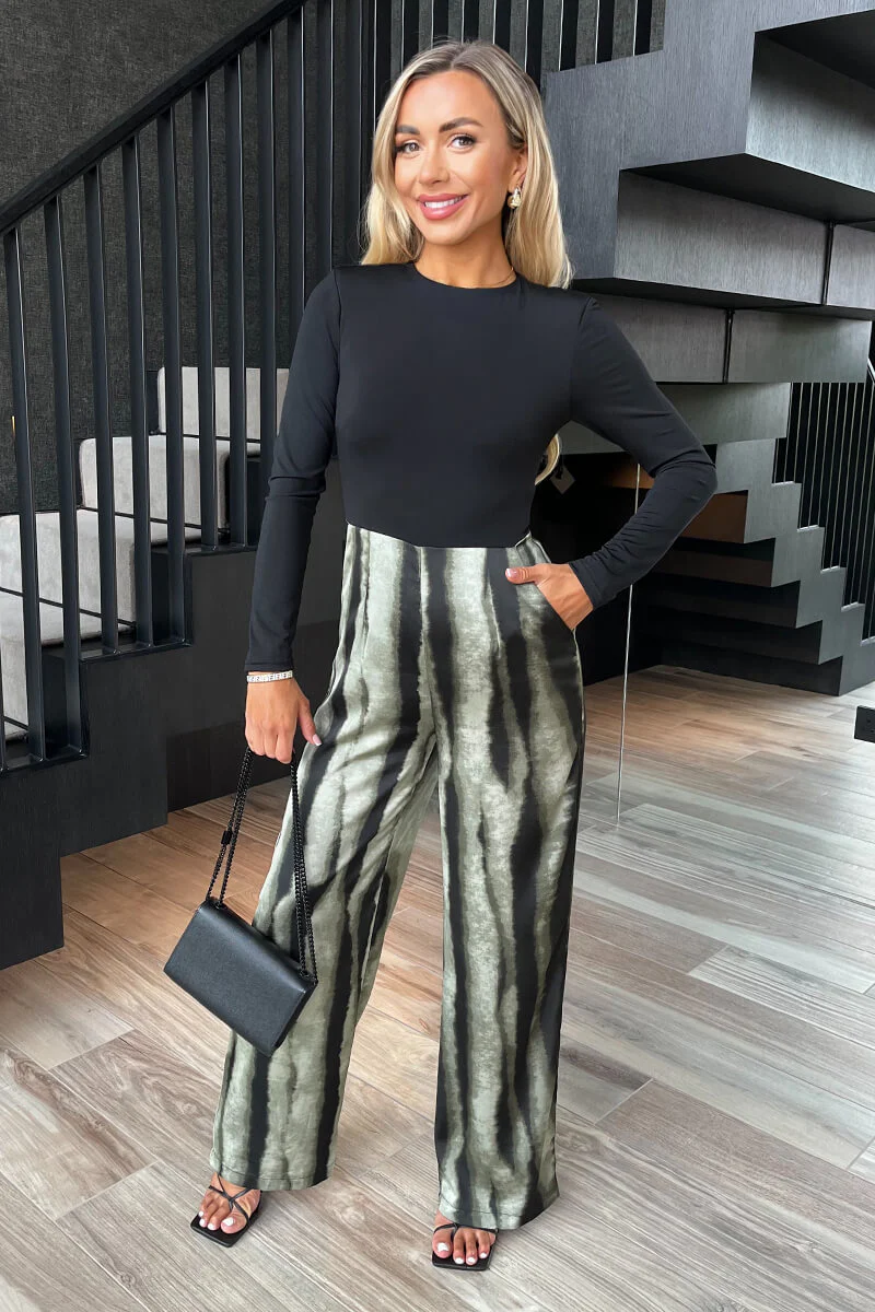 Multi Stripe Smudge Print 2 in 1 Long Sleeve Wide Leg Jumpsuit - Swimclubus