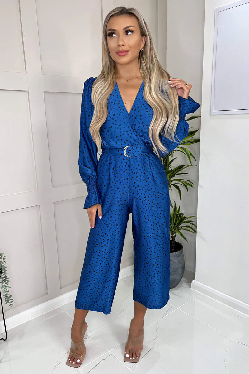 Blue And Black Printed Wrap Over Belted Jumpsuit - Swimclubus