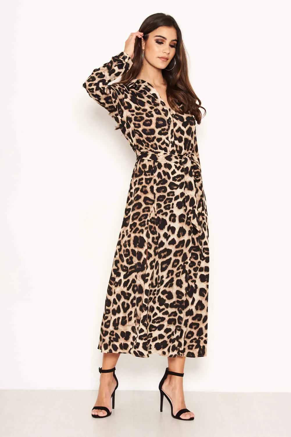 Leopard Print Long Sleeve Shirt Maxi Dress - Swimclubus