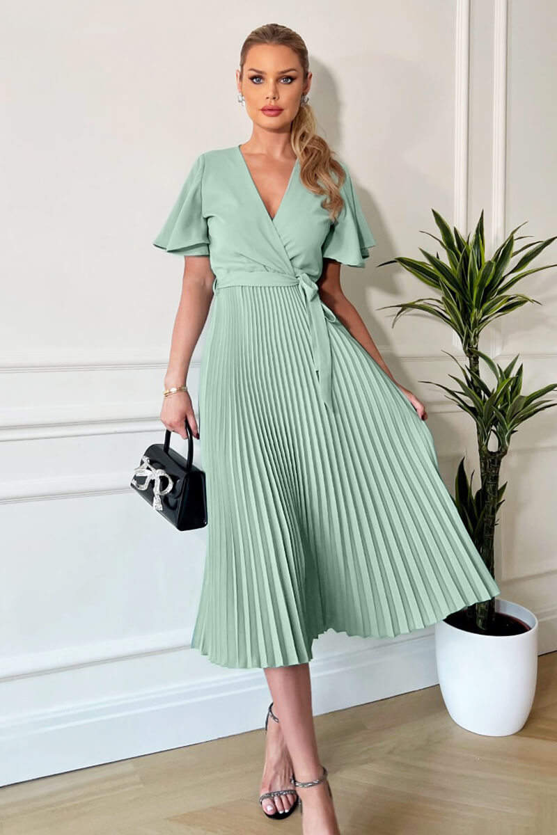 Duck Egg Pleated Midi Dress with Tie Waist - Swimclubus