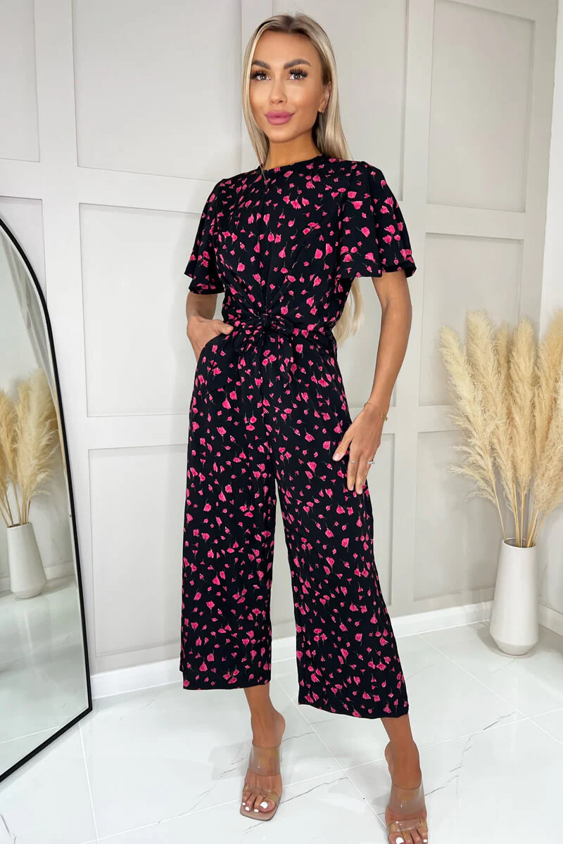 Black And Pink Floral Printed Short Sleeve Tie Waist Jumpsuit - Swimclubus