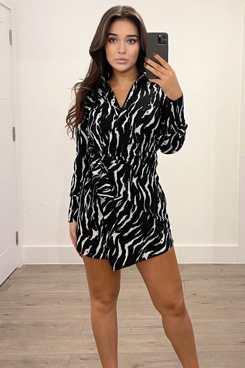 Black and White Printed Tie Wrap Long Sleeve Dress - Swimclubus
