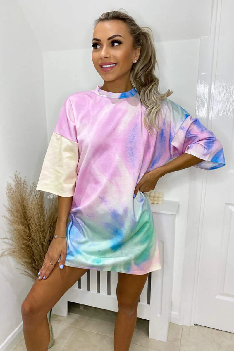 Rainbow Tie Dye Oversized T-Shirt Dress - Swimclubus