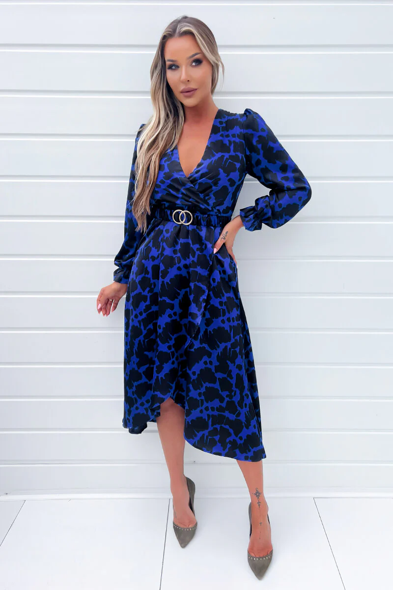 Cobalt And Black Print Long Sleeve Belted Wrap Midi Dress - Swimclubus
