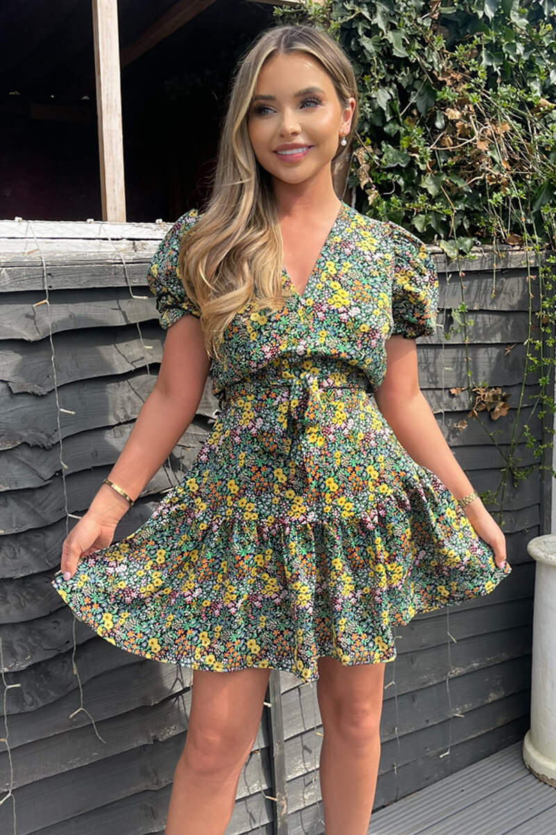 Black Ditsy Floral Printed Tie Waist Frill Hem Dress - Swimclubus