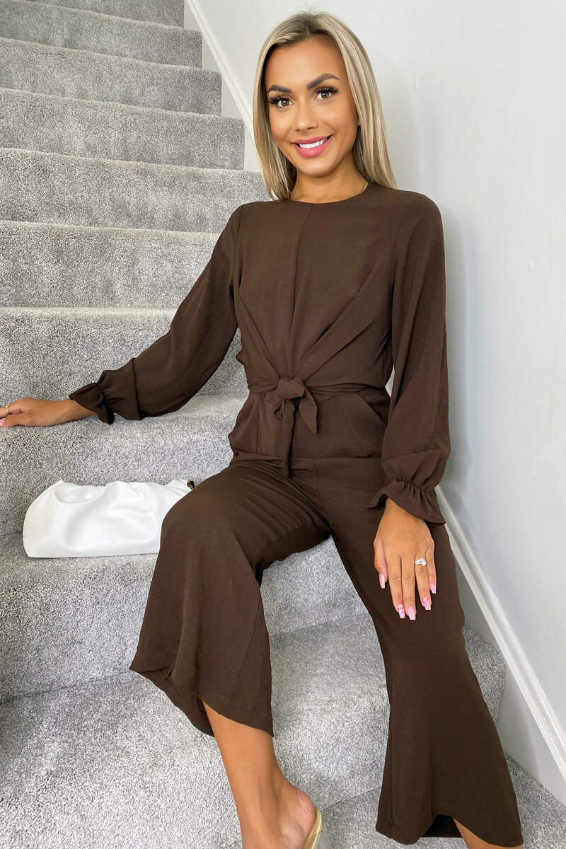 Chocolate Tie Front Long Sleeve Jumpsuit - Swimclubus