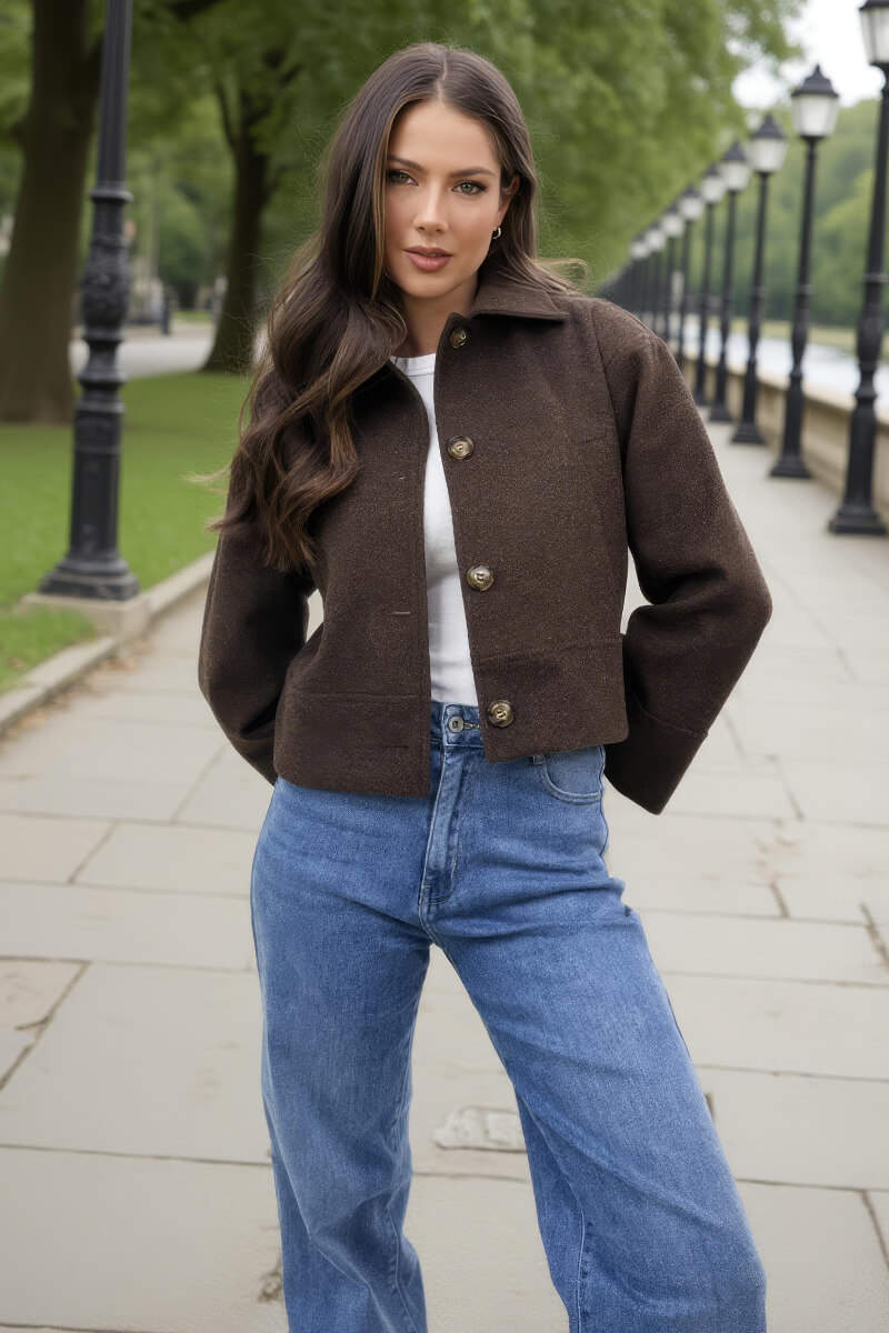 Chocolate Marl Button Front Collared Jacket - Swimclubus