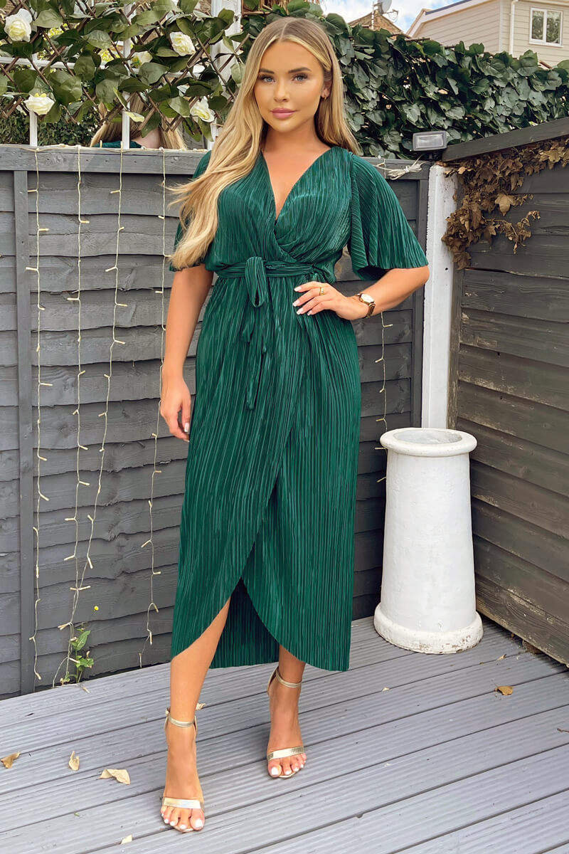 Green Wrap Top Belted Short Sleeve Plisse Midi Dress - Swimclubus
